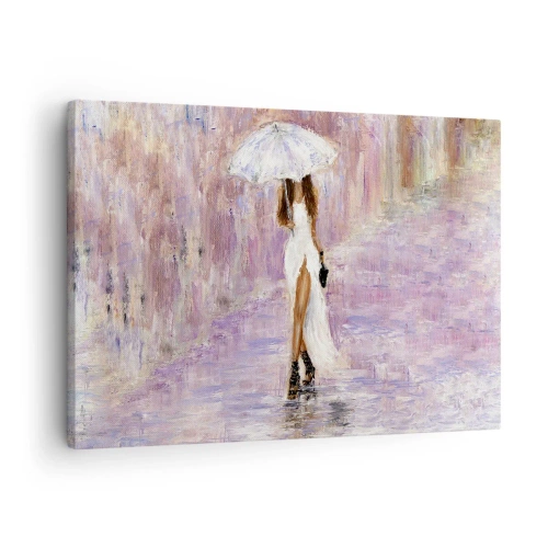 Tablou pe pânză Canvas - femeie cu o umbrelă mergând prin ploaie în tonuri de liliac - 70x50cm - În ploaia de liliac - Decorațiune modernă pentru perete pentru living și dormitor ARTTOR