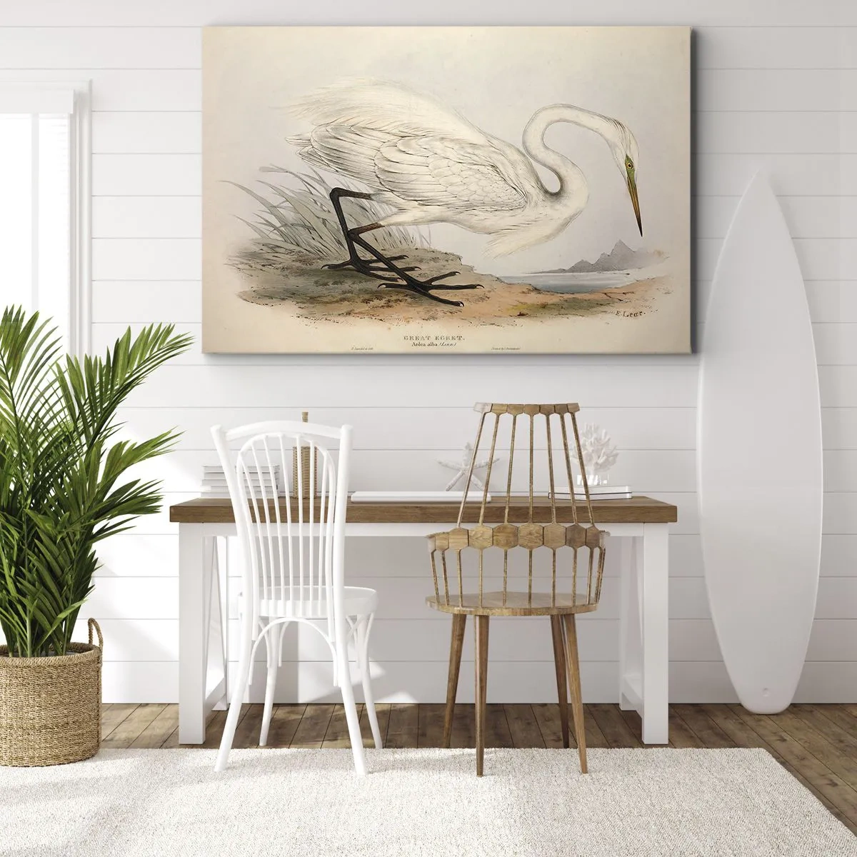 Tablou pe pânză Canvas - Desen al unui stârc alb pe fundalul unui peisaj natural - 70x50cm - Doamna în stufărișuri - Decorațiune modernă pentru perete pentru living și dormitor ARTTOR