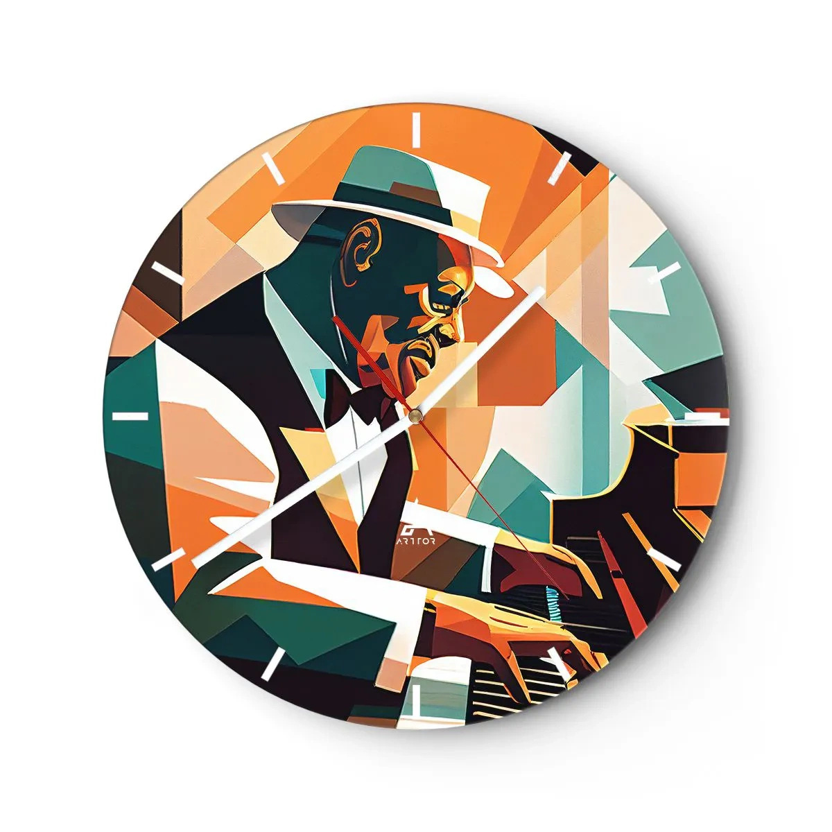 Ceas de perete - Ceas pe sticlă - Muzician de jazz la pian într-un stil geometric - 30x30cm - Numai jazz - Decorațiune modernă pentru perete pentru living, bucătărie și dormitor ARTTOR