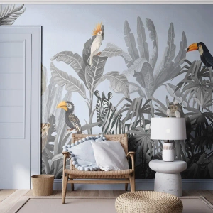 Tapet Standard Eco - Animale exotice într-o junglă tropicală pe un fundal deschis - 100x70cm - O fabulă africană - Decorațiune modernă pentru perete pentru living și dormitor ARTTOR