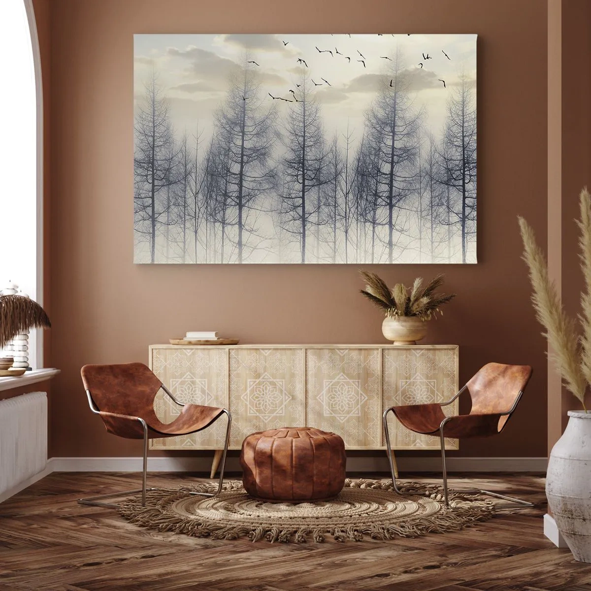 Tablou pe pânză Canvas - Pădure încețoșată cu păsări pe fundalul cerului apusului - 70x50cm - Spiritele pădurii - Decorațiune modernă pentru perete pentru living și dormitor ARTTOR