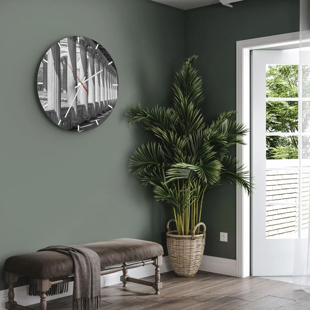 Ceas de perete - Ceas pe sticlă - O arcadă clasică cu coloane în perspectivă alb-negru - 30x30cm - Arcadă însorită - Decorațiune modernă pentru perete pentru living, bucătărie și dormitor ARTTOR