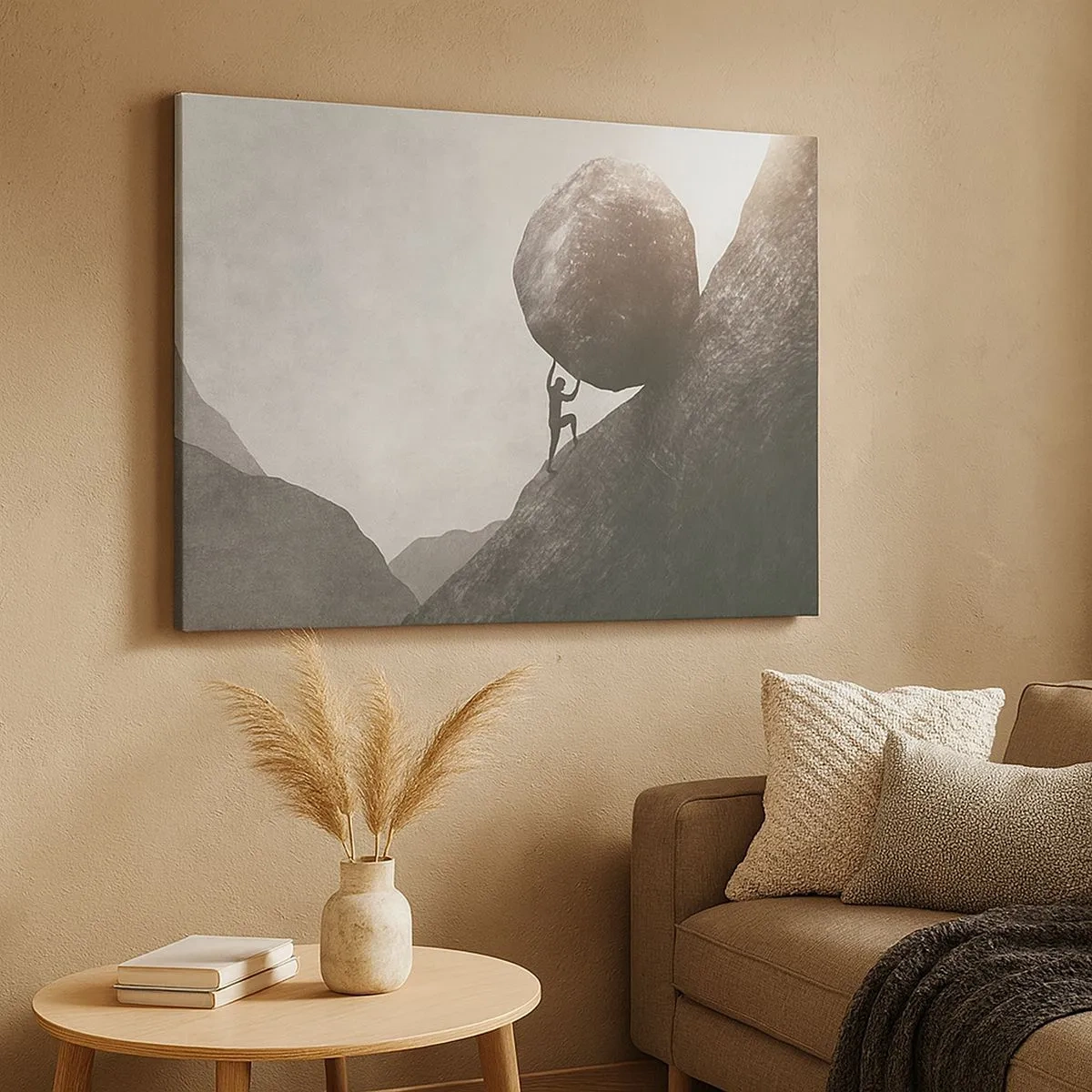 Tablou pe pânză Canvas - Un bărbat urcă o stâncă uriașă pe un deal - 70x50cm - Cred, în ciuda așteptărilor - Decorațiune modernă pentru perete pentru living și dormitor ARTTOR