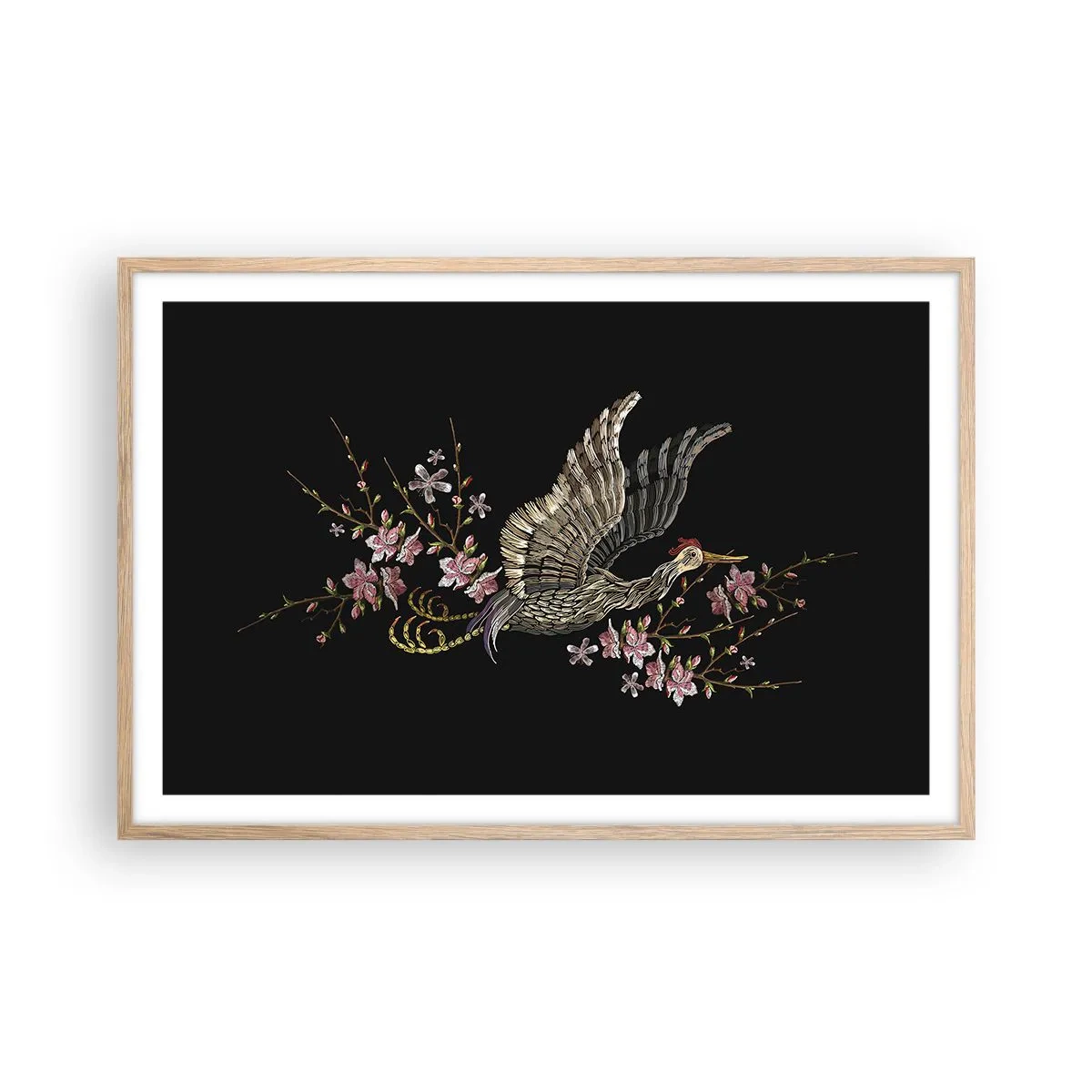 Poster în ramă de stejar deschis - Pasăre exotică brodată - 91x61 cm