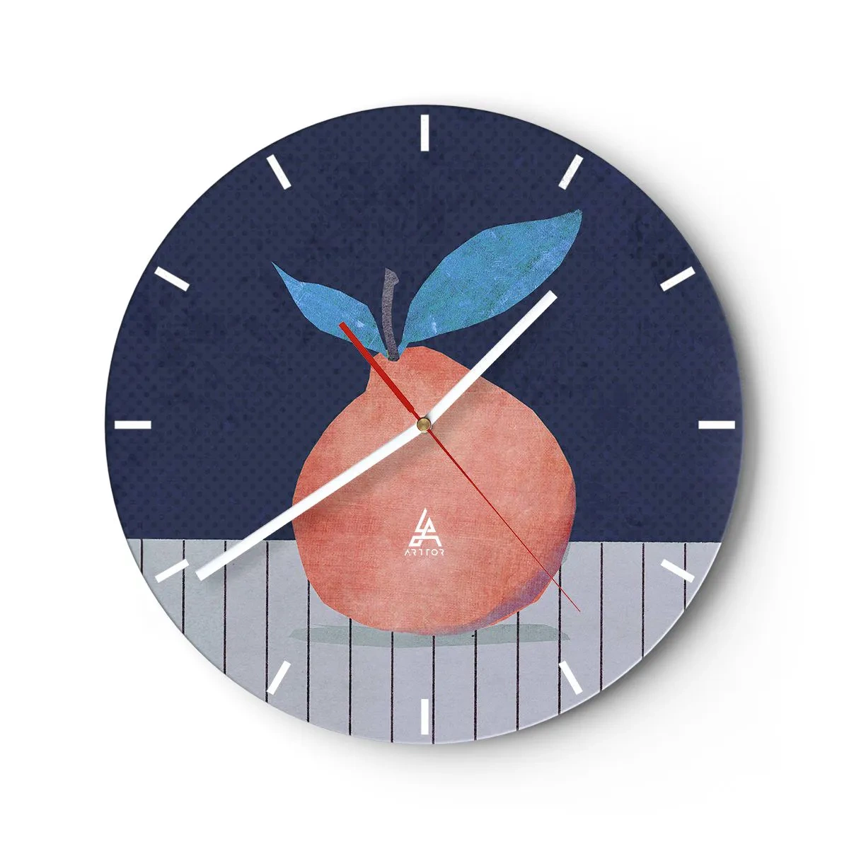 Ceas de perete - Ceas pe sticlă - Piersică cu frunze pe un fundal bleumarin - 30x30cm - Convexitate și plan - Decorațiune modernă pentru perete pentru living, bucătărie și dormitor ARTTOR