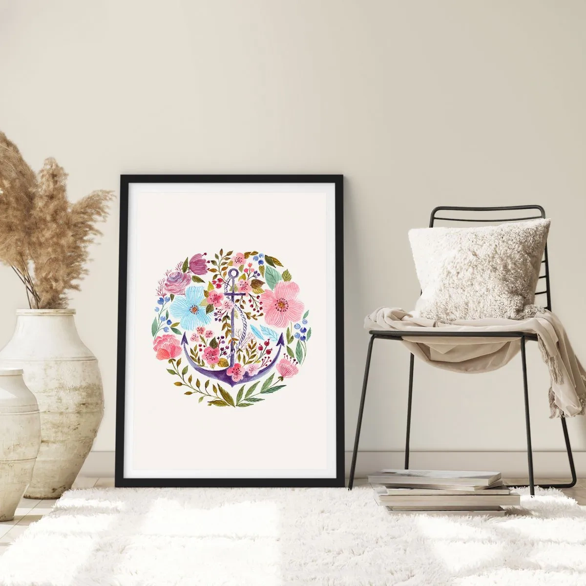Poster în ramă neagră - O ancoră în acuarelă înconjurată de flori pe un fundal deschis. - 50x70cm - Somnul bun al marinarului - Decorațiune modernă pentru perete pentru living și dormitor ARTTOR