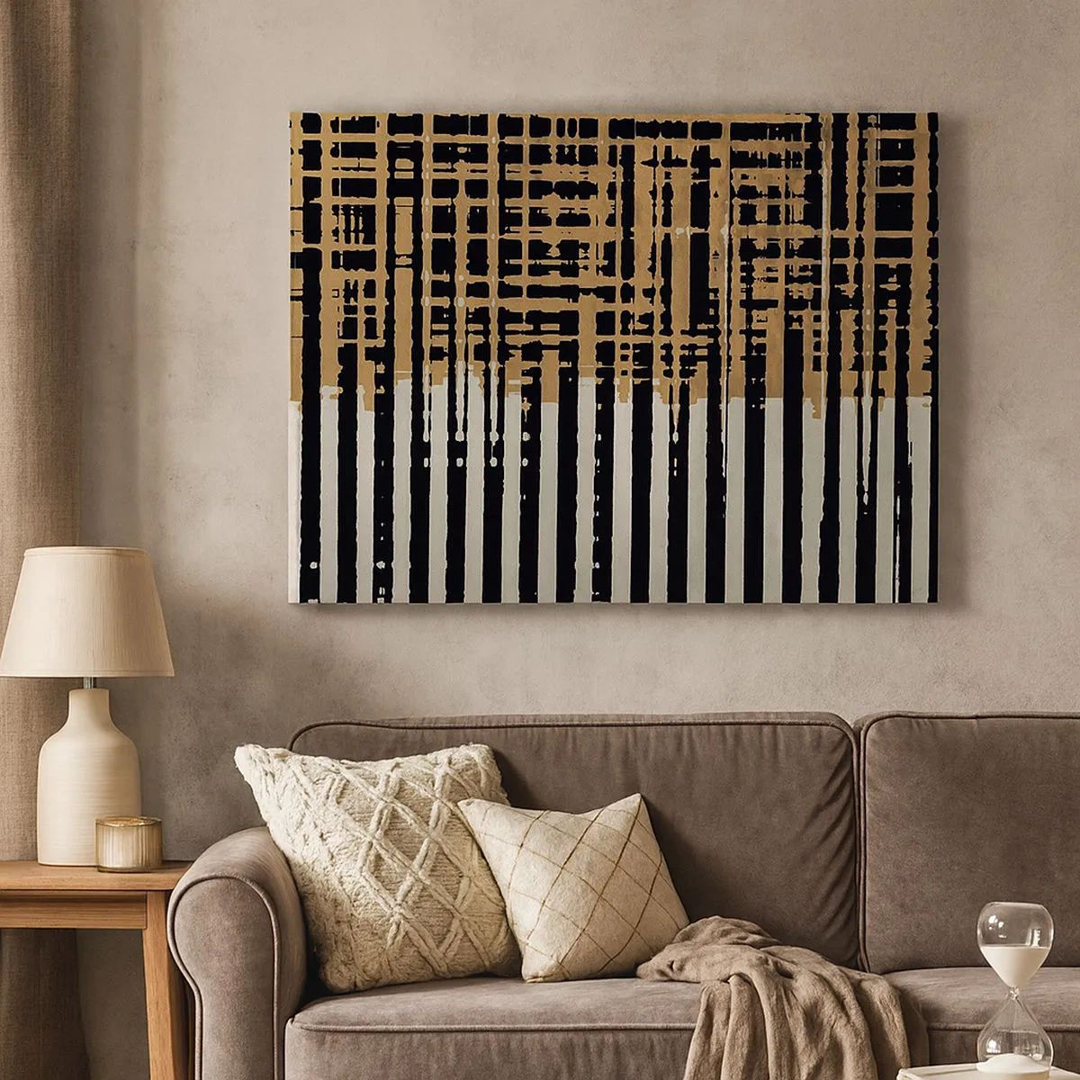 Tablou pe pânză Canvas - Linii abstracte în negru, bej și alb - 70x50cm - Abstracție arhitecturală - Decorațiune modernă pentru perete pentru living și dormitor ARTTOR