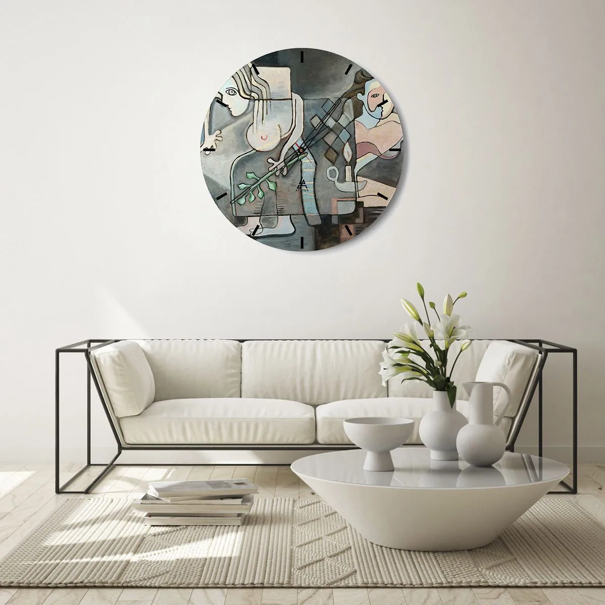 Ceas de perete - Ceas pe sticlă - O compoziție abstractă a două figuri cu elemente de mozaic. - 30x30cm - Un mozaic de spirit și materie - Decorațiune modernă pentru perete pentru living, bucătărie și dormitor ARTTOR