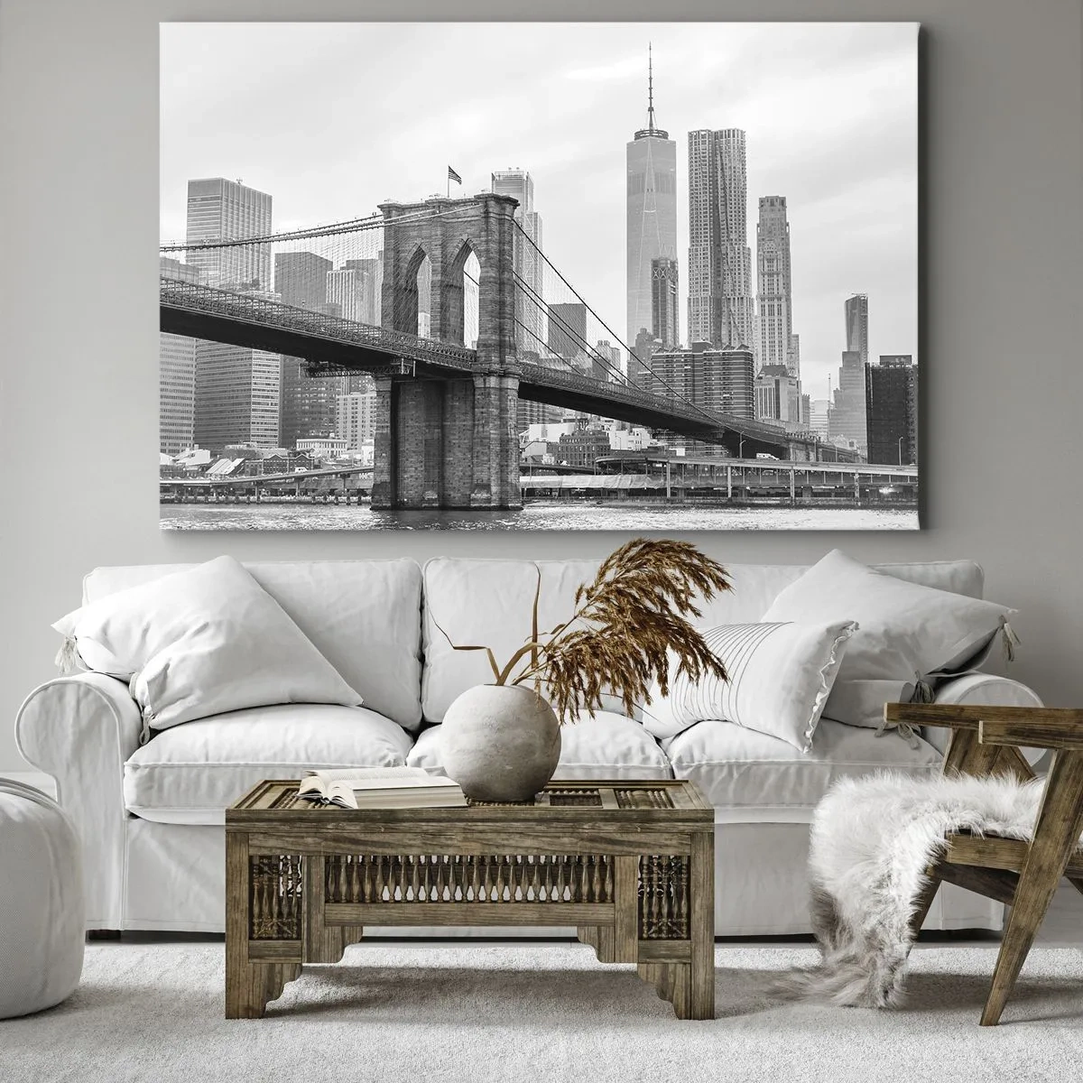 Tablou pe pânză Canvas - Podul Brooklyn cu zgârie-norii din New York în fundal - 70x50cm - New York vibes - Decorațiune modernă pentru perete pentru living și dormitor ARTTOR