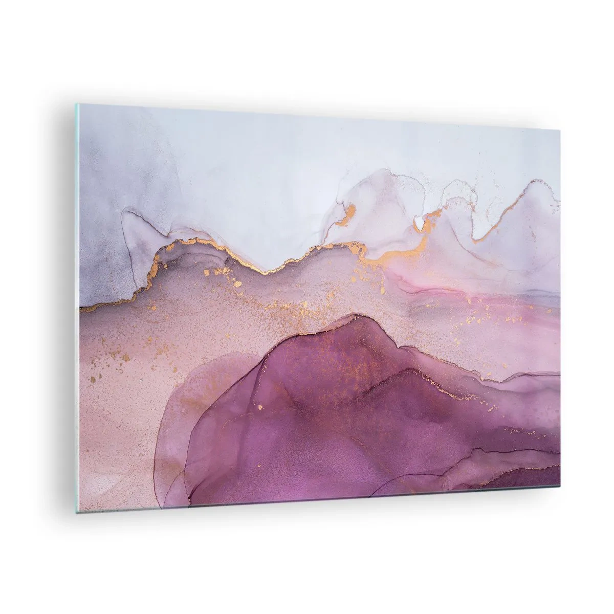 Tablou pe sticlă - Valuri abstracte în nuanțe de violet cu accente aurii - 70x50cm - Valuri de liliac și violet - Decorațiune modernă pentru perete pentru living și dormitor ARTTOR