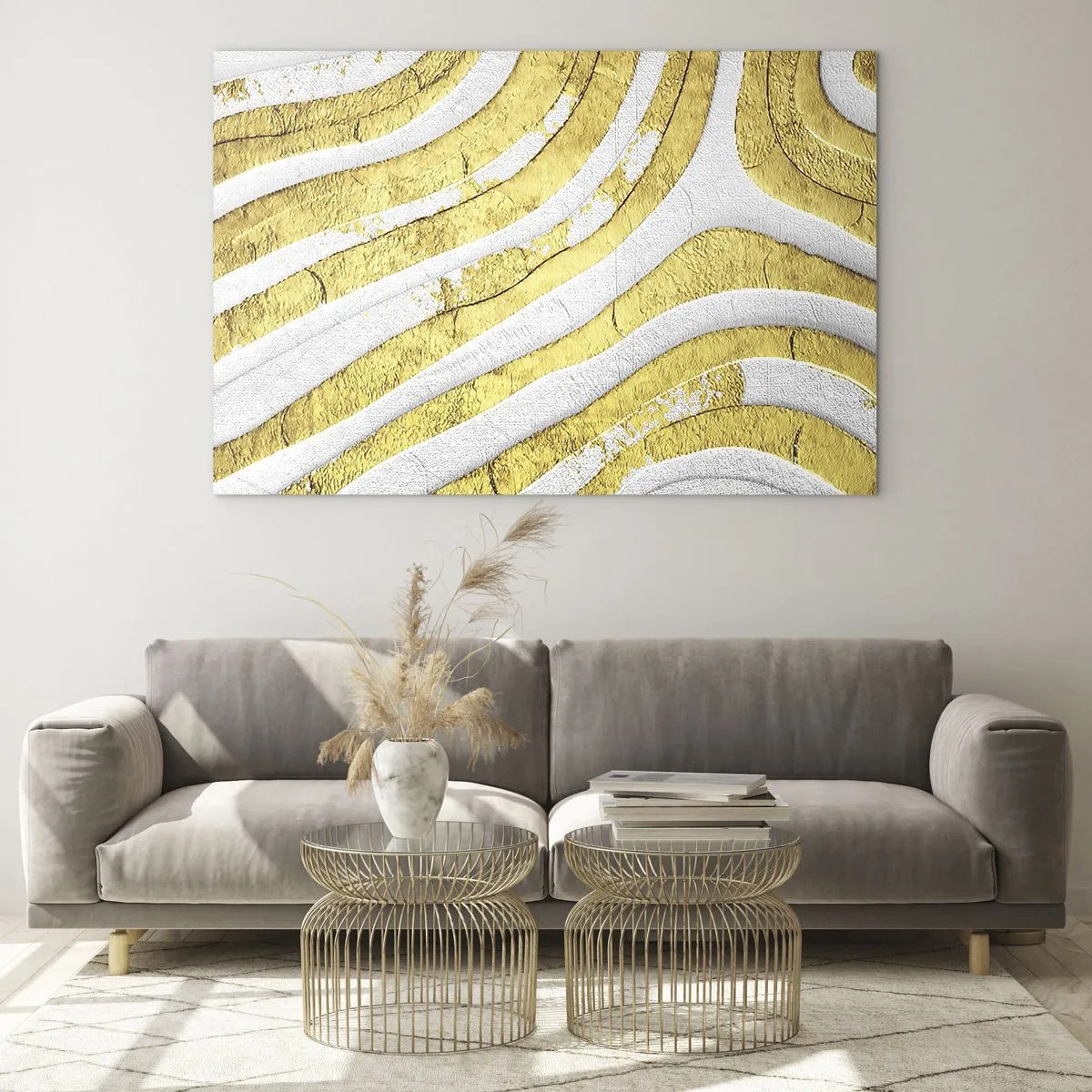 Tablou pe sticlă - Valuri abstracte aurii și albe cu efect textural - 70x50cm - Compoziția în alb și auriu - Decorațiune modernă pentru perete pentru living și dormitor ARTTOR