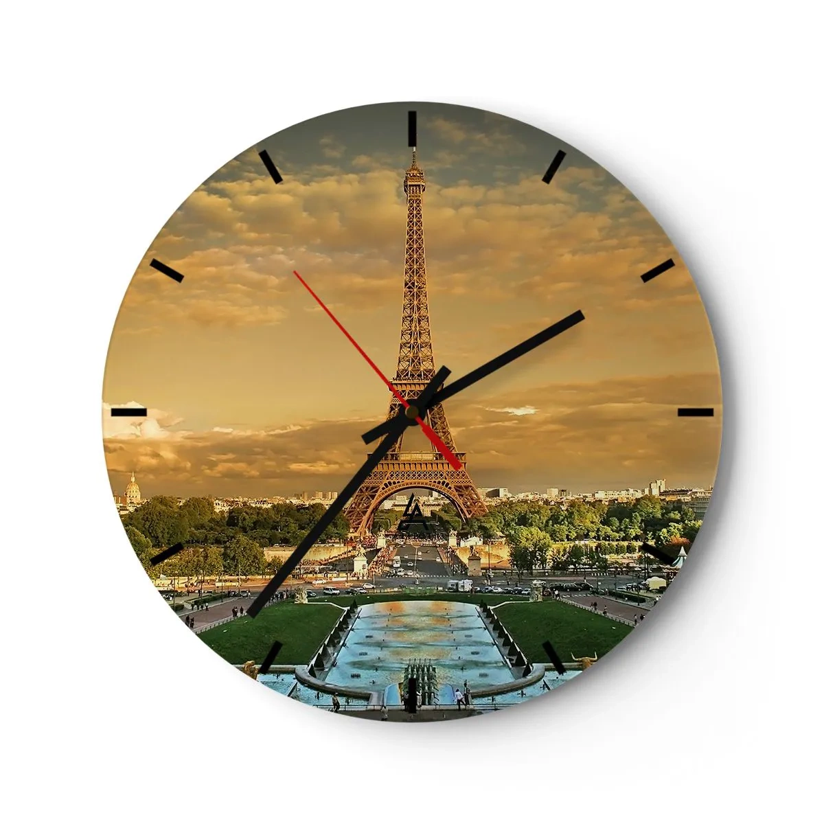 Ceas de perete - Ceas pe sticlă - Vedere a Turnului Eiffel la apus - 30x30cm - Simbolul Parisului - Decorațiune modernă pentru perete pentru living, bucătărie și dormitor ARTTOR