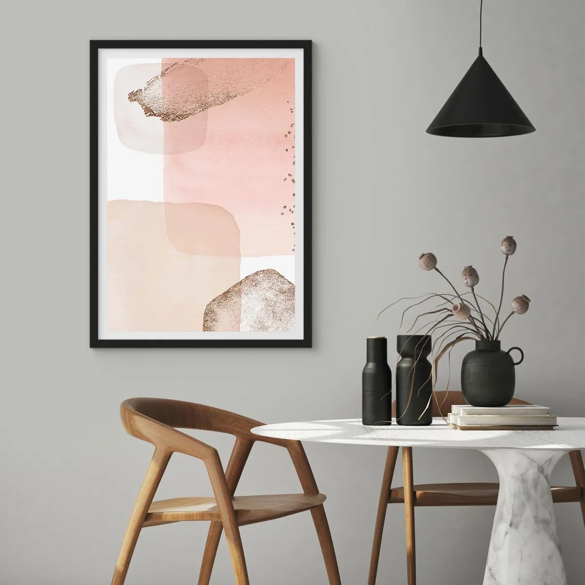 Poster în ramă neagră - Forme pastelate cu un accent auriu delicat - 50x70cm - O privire prin culoare - Decorațiune modernă pentru perete pentru living și dormitor ARTTOR