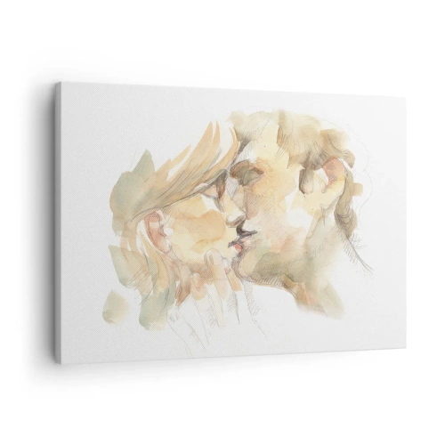 Tablou pe pânză Canvas - Portret romantic în acuarelă al unui cuplu sărutându-se - 70x50cm - Jumătatea găsită? - Decorațiune modernă pentru perete pentru living și dormitor ARTTOR