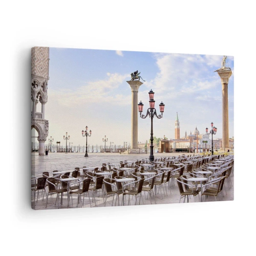 Tablou pe pânză Canvas - Veneția, vedere a pieței cu coloane și mese de cafenea - 70x50cm - Poftiți, totul e gata - Decorațiune modernă pentru perete pentru living și dormitor ARTTOR