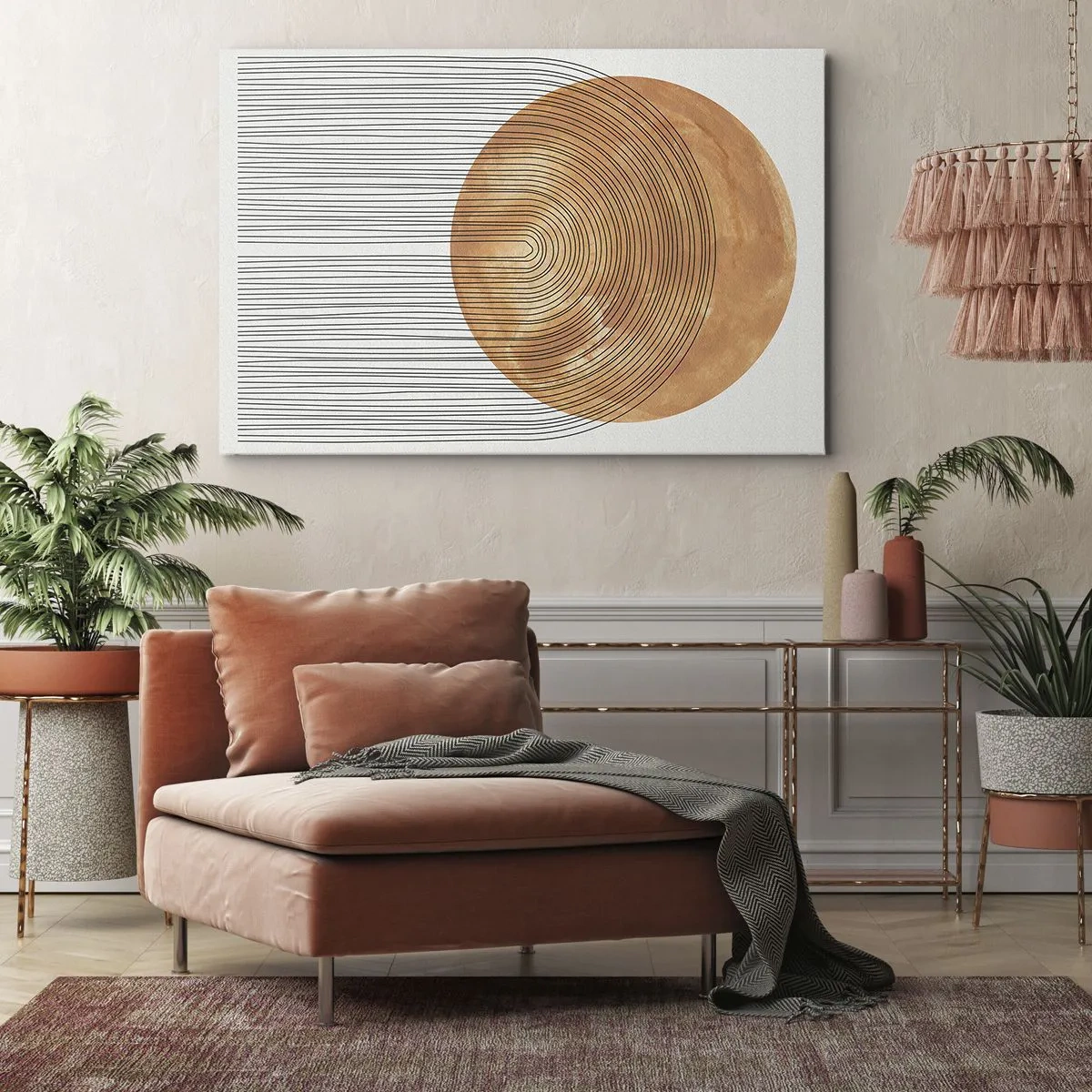 Tablou pe pânză Canvas - Compoziție geometrică cu cercuri și linii în culori calde. - 70x50cm - Compoziția solară - Decorațiune modernă pentru perete pentru living și dormitor ARTTOR