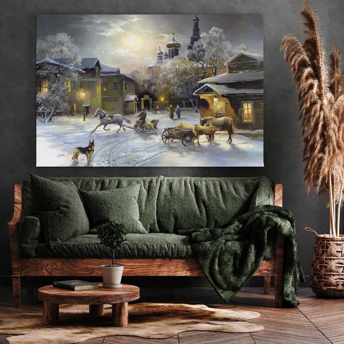 Tablou pe pânză Canvas - Peisaj de iarnă într-un oraș rusesc cu o sanie și o biserică - 70x50cm - Magia unei ierni rusești - Decorațiune modernă pentru perete pentru living și dormitor ARTTOR