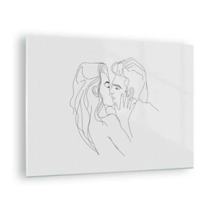 Tablou pe sticlă - Un desen minimalist al unui cuplu într-un sărut romantic - 70x50cm - Cu aceeași linie - Decorațiune modernă pentru perete pentru living și dormitor ARTTOR