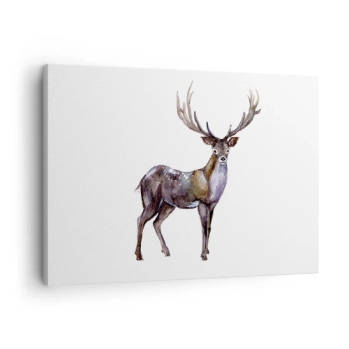 Tablou pe pânză Canvas - Ilustrație în acuarelă a unui cerb cu coarne maiestuoase - 70x50cm - Regele pustietății nordice - Decorațiune modernă pentru perete pentru living și dormitor ARTTOR
