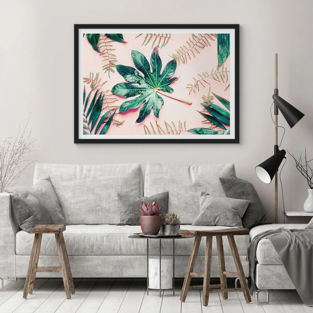 Poster în ramă neagră - Studiu de verdeață pe un fundal roz - 70x50 cm