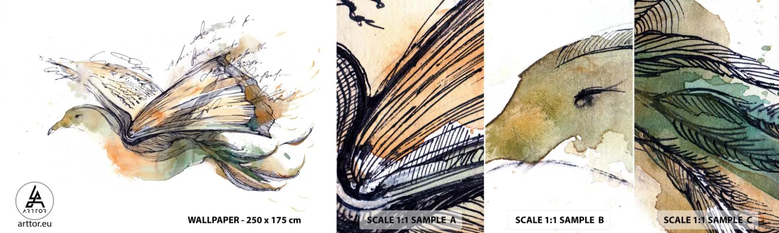 Mostră de Tapet Standard Eco - Pe aripile poeziei - Abstracția, Pasăre, Carte - 100x30 cm