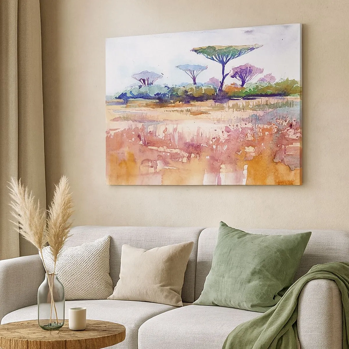 Tablou pe pânză Canvas - Un peisaj pitoresc de savană în culori de acuarelă - 70x50cm - Culorile savanei - Decorațiune modernă pentru perete pentru living și dormitor ARTTOR