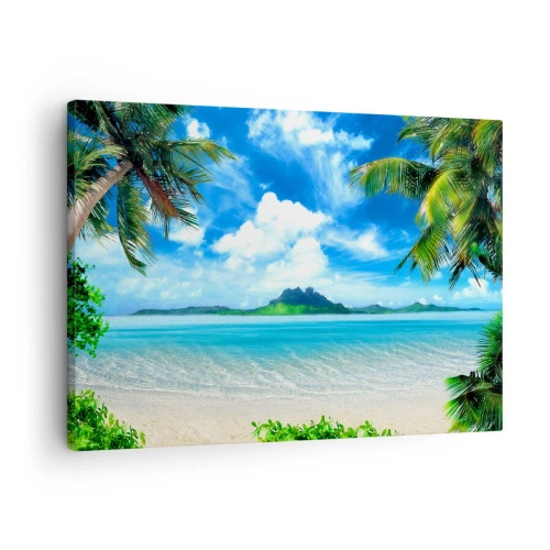 Tablou pe pânză Canvas - Plajă tropicală cu palmieri și vedere la o insulă - 70x50cm - Azur de la tropice - Decorațiune modernă pentru perete pentru living și dormitor ARTTOR