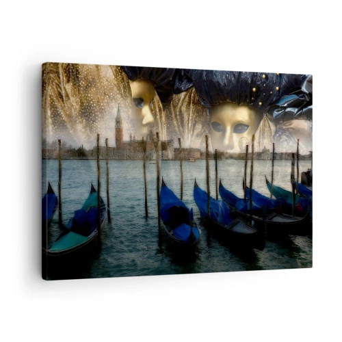 Tablou pe pânză Canvas - Măști și gondole de carnaval venețiene pe fundalul orașului și al apei - 70x50cm - Să înceapă carnavalul - Decorațiune modernă pentru perete pentru living și dormitor ARTTOR