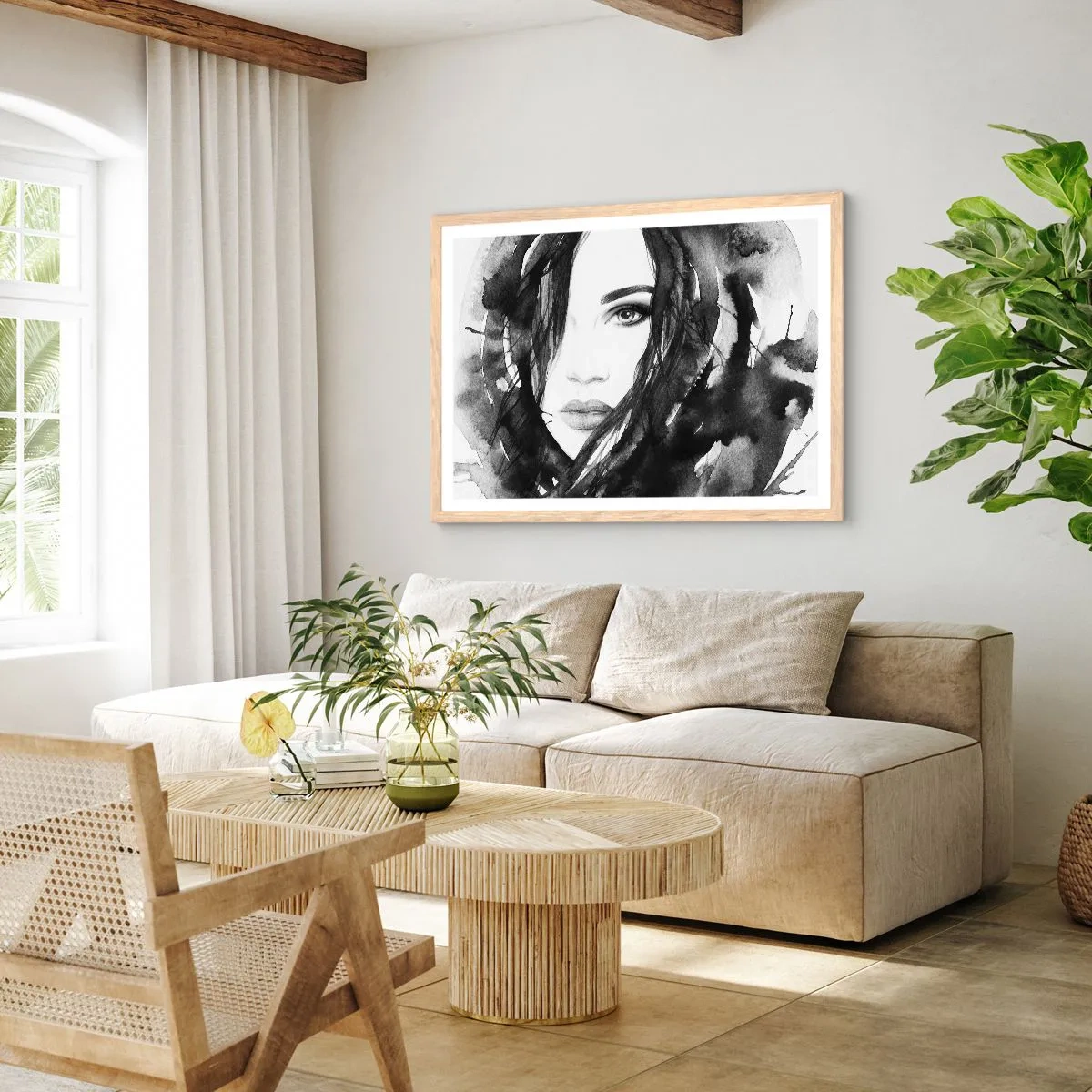 Poster în ramă de stejar deschis - Studiu unei dame în alb și negru - 91x61 cm