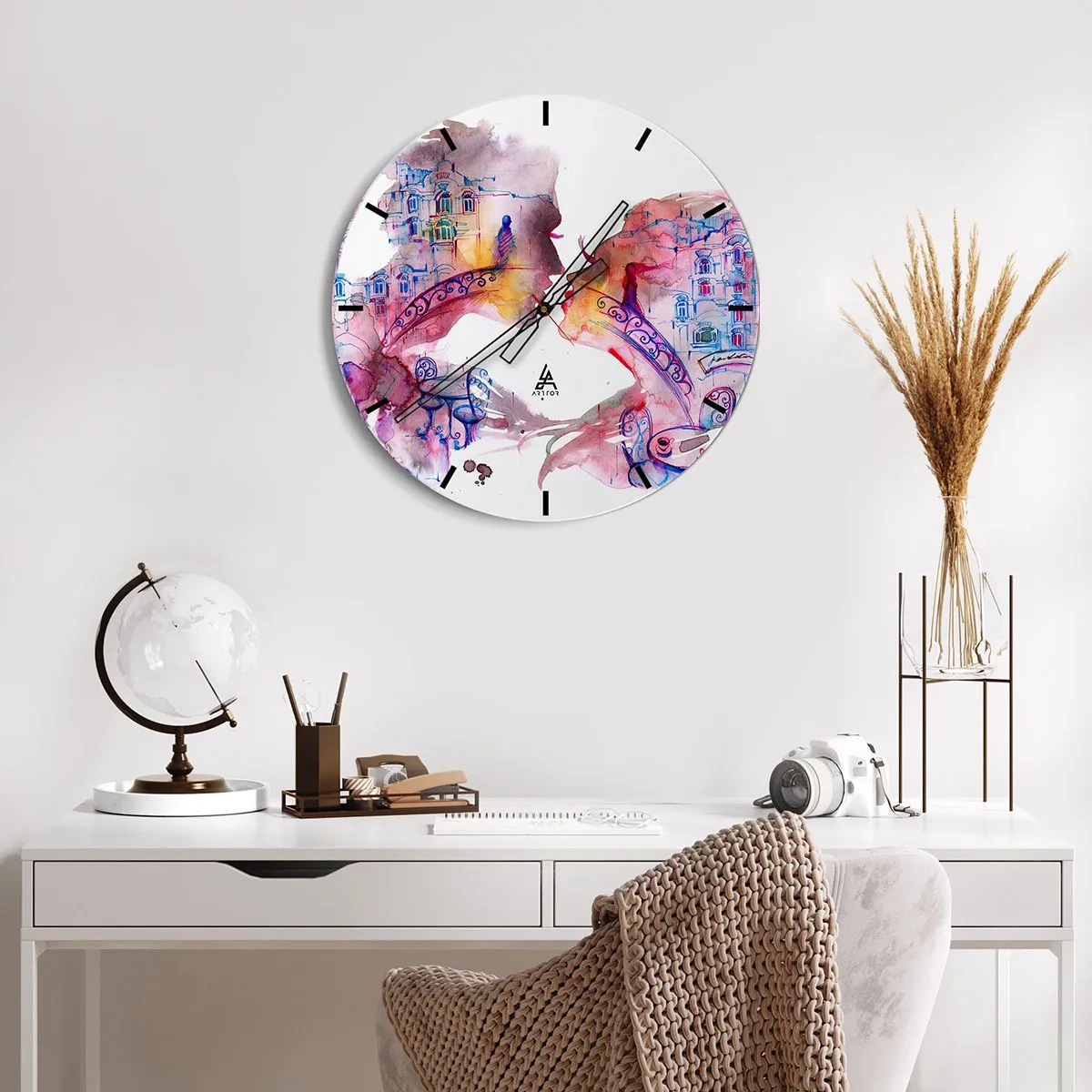 Ceas de perete - Ceas pe sticlă - Grafică colorată cu un pod și arhitectură în fundal - 30x30cm - Podul secret al suspinelor - Decorațiune modernă pentru perete pentru living, bucătărie și dormitor ARTTOR