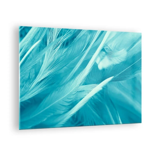 Tablou pe sticlă - Pene turcoaz într-un prim-plan delicat - 70x50cm - Înecându-se în puf - Decorațiune modernă pentru perete pentru living și dormitor ARTTOR