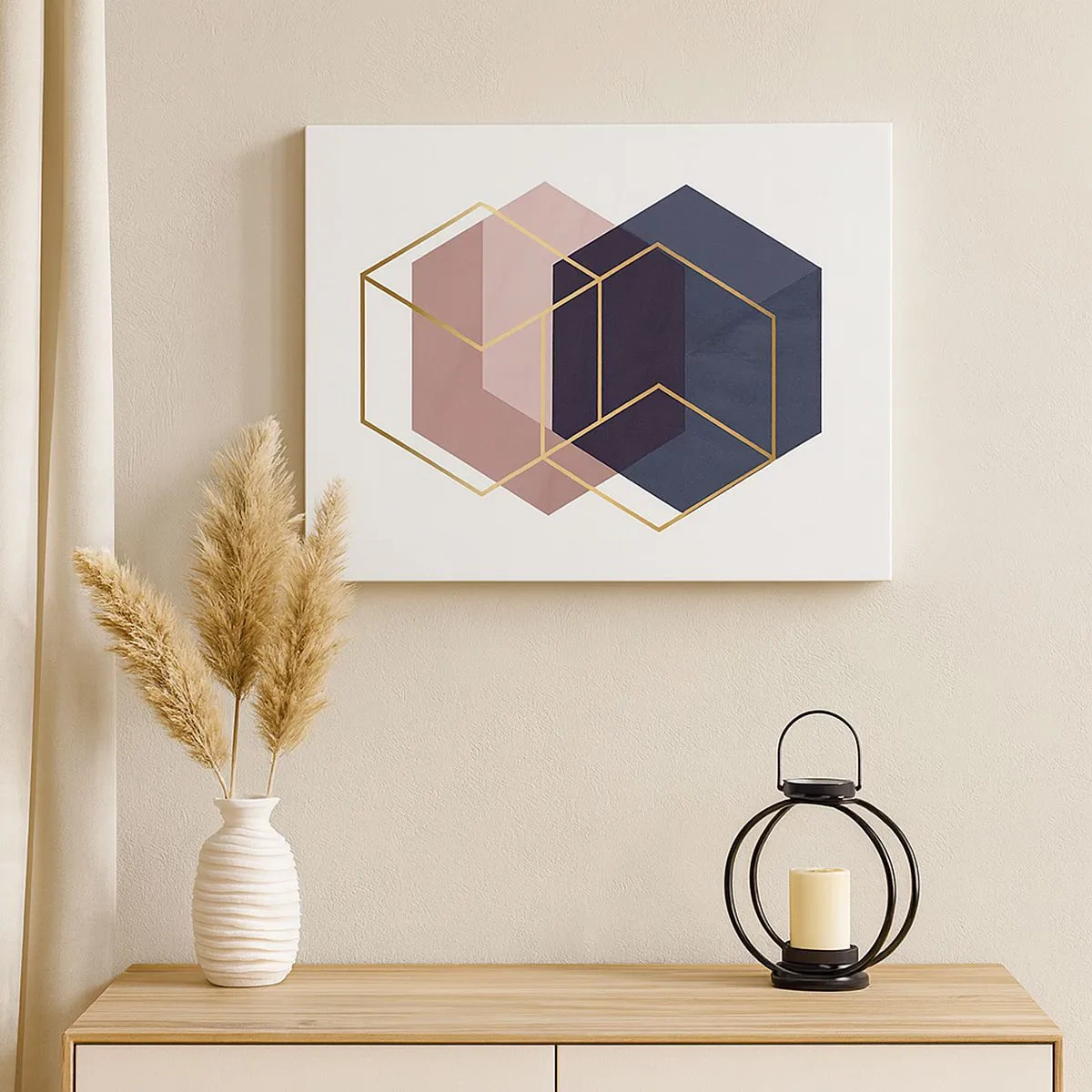 Tablou pe pânză Canvas - Forme geometrice în linii aurii pe un fundal pastel - 70x50cm - Puterea simplității - Decorațiune modernă pentru perete pentru living și dormitor ARTTOR