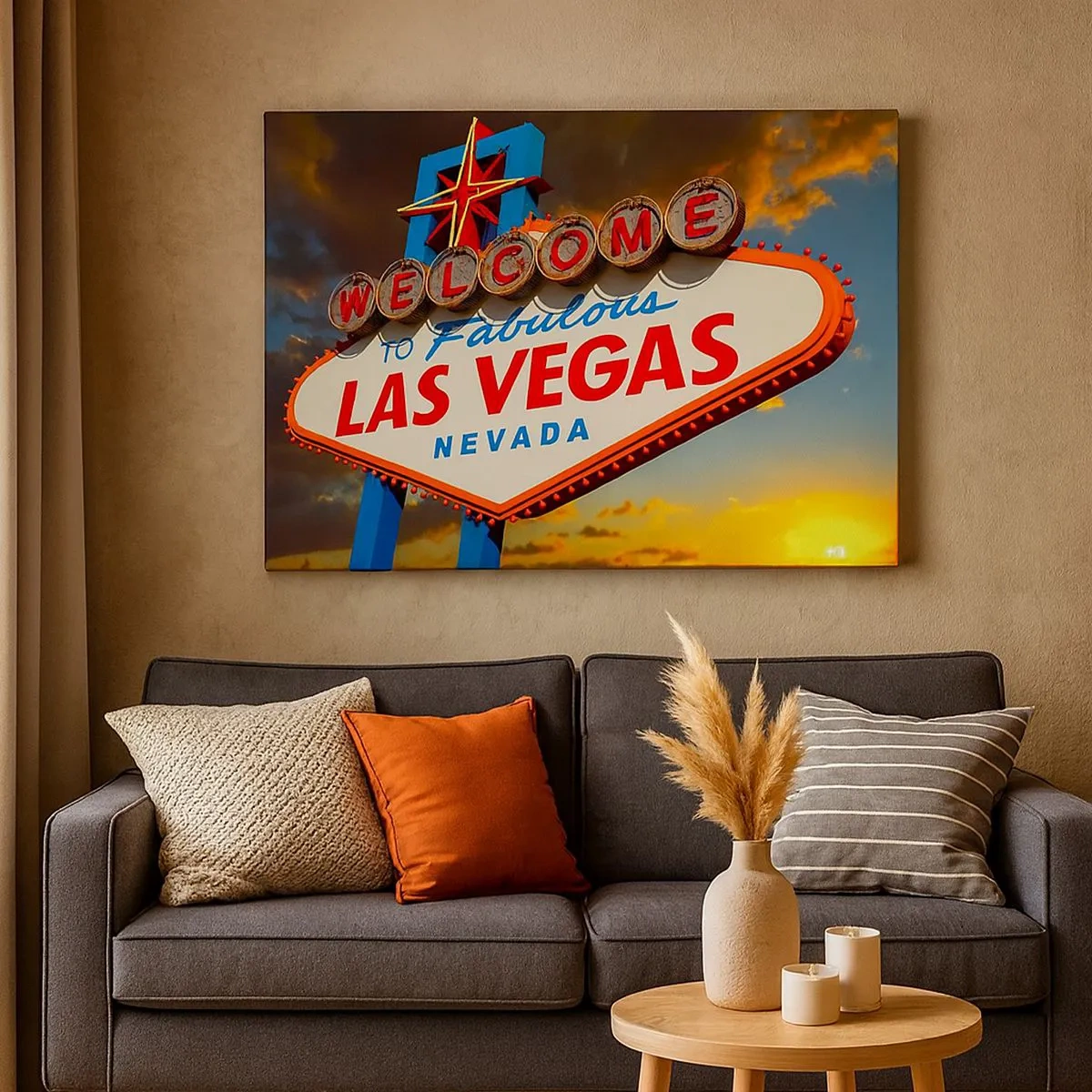 Tablou pe pânză Canvas - Celebrul semn „Welcome to Fabulous Las Vegas” la apus - 70x50cm - Pentru un zâmbet din partea destinului - Decorațiune modernă pentru perete pentru living și dormitor ARTTOR