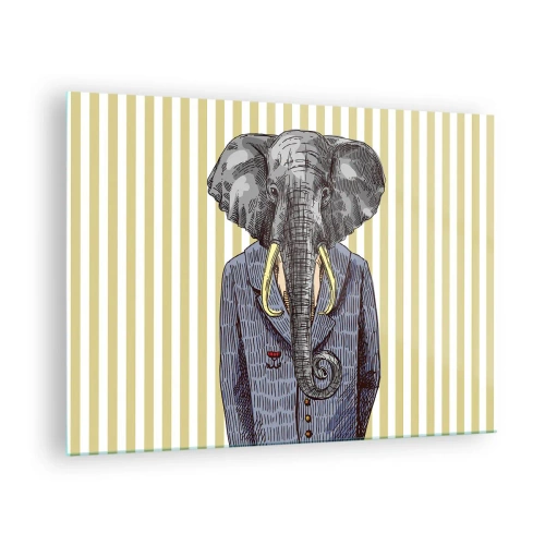Tablou pe sticlă - Un elefant în costum pe un fundal de dungi galbene - 70x50cm - Elegant prin natură - Decorațiune modernă pentru perete pentru living și dormitor ARTTOR