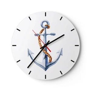 Ceas de perete - Ceas pe sticlă - Ancoră cu frânghie pe fundal alb - 30x30cm - Ahoy aventura! - Decorațiune modernă pentru perete pentru living, bucătărie și dormitor ARTTOR
