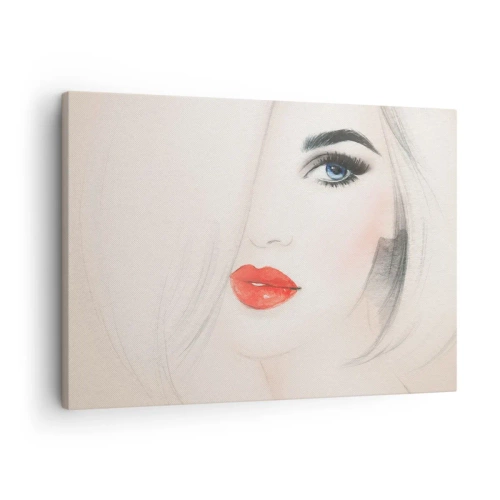 Tablou pe pânză Canvas - Un portret minimalist al unei femei cu ochi albaștri și buze roșii. - 70x50cm - Hipnotizează și intoxică - Decorațiune modernă pentru perete pentru living și dormitor ARTTOR