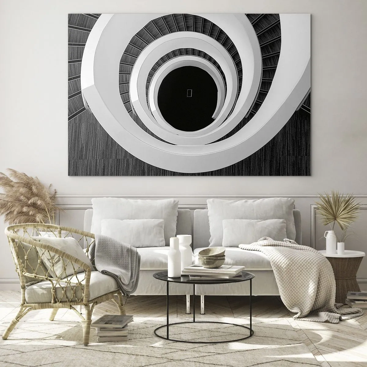 Tablou pe sticlă - Scară în spirală alb-negru de sus - 70x50cm - Până la miez - Decorațiune modernă pentru perete pentru living și dormitor ARTTOR