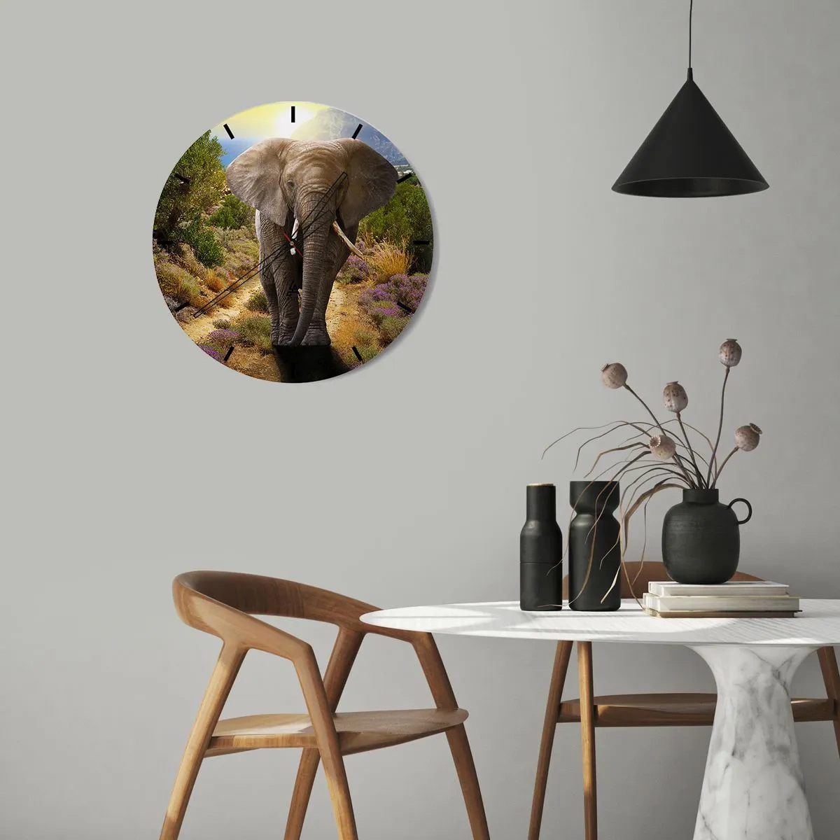 Ceas de perete - Ceas pe sticlă - Un elefant în fundalul naturii într-o zi însorită - 30x30cm - Iată cum arăta Edenul - Decorațiune modernă pentru perete pentru living, bucătărie și dormitor ARTTOR