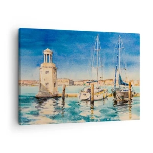 Tablou pe pânză Canvas - Marina cu bărci pe fundalul unei lagune albastre - 70x50cm - Laguna însorită - Decorațiune modernă pentru perete pentru living și dormitor ARTTOR