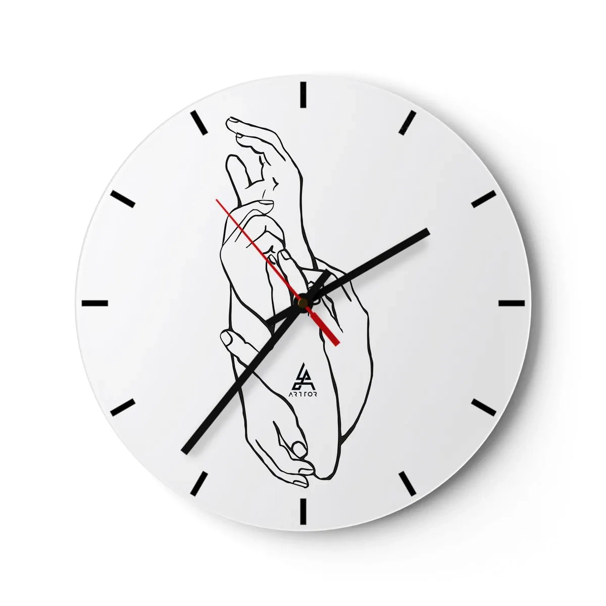 Ceas de perete - Ceas pe sticlă - O schiță delicată a două mâini împreunate pe un fundal alb - 30x30cm - Atingere bună - Decorațiune modernă pentru perete pentru living, bucătărie și dormitor ARTTOR