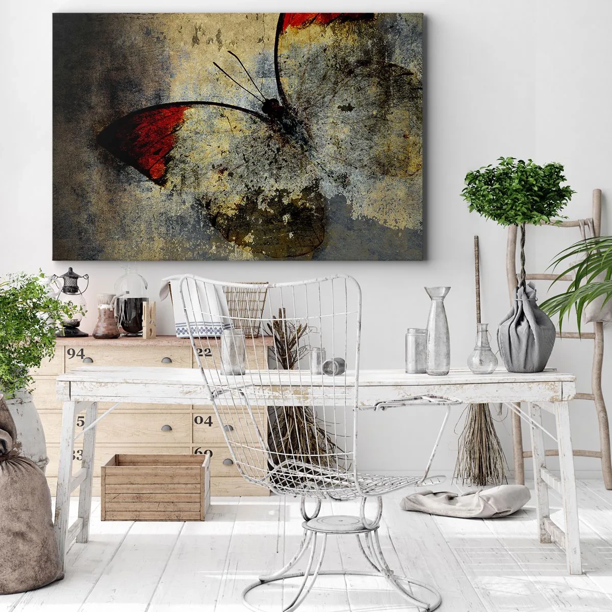 Tablou pe pânză Canvas - Un fluture în nuanțe de roșu și gri pe un fundal texturat - 70x50cm - Privește înainte să dispar - Decorațiune modernă pentru perete pentru living și dormitor ARTTOR