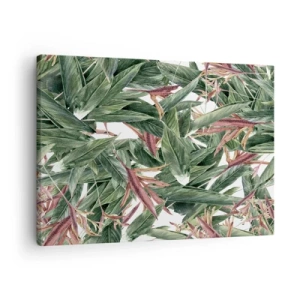Tablou pe pânză Canvas - Un motiv decorativ de frunze în nuanțe de verde și vișiniu pe un fundal deschis - 70x50cm - Tufișuri de smarald și liliac - Decorațiune modernă pentru perete pentru living și dormitor ARTTOR