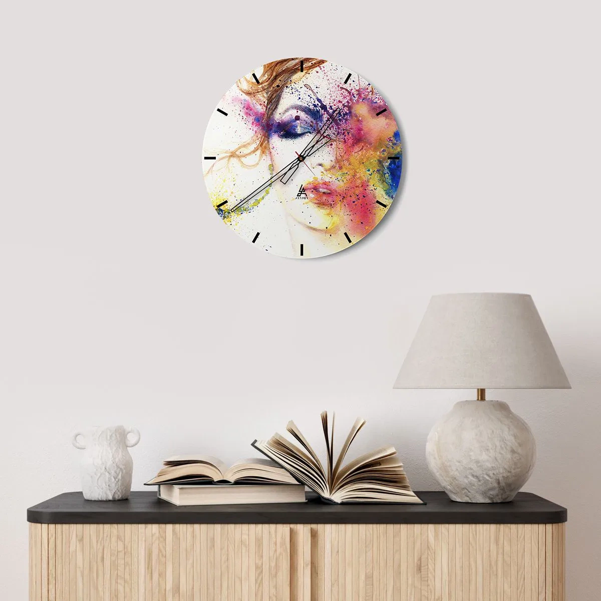 Ceas de perete - Ceas pe sticlă - Portret abstract al unei femei în culorile curcubeului - 30x30cm - Amețeala curcubeului - Decorațiune modernă pentru perete pentru living, bucătărie și dormitor ARTTOR