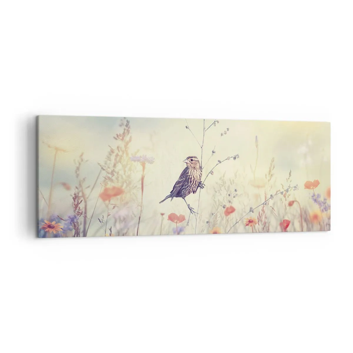 Tablou pe pânză - Portret de pasăre cu o pajiște în fundal - 140x50 cm
