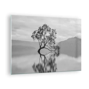 Tablou pe sticlă - Un copac singuratic pe apă într-un peisaj alb-negru - 70x50cm - Există o țară - Decorațiune modernă pentru perete pentru living și dormitor ARTTOR