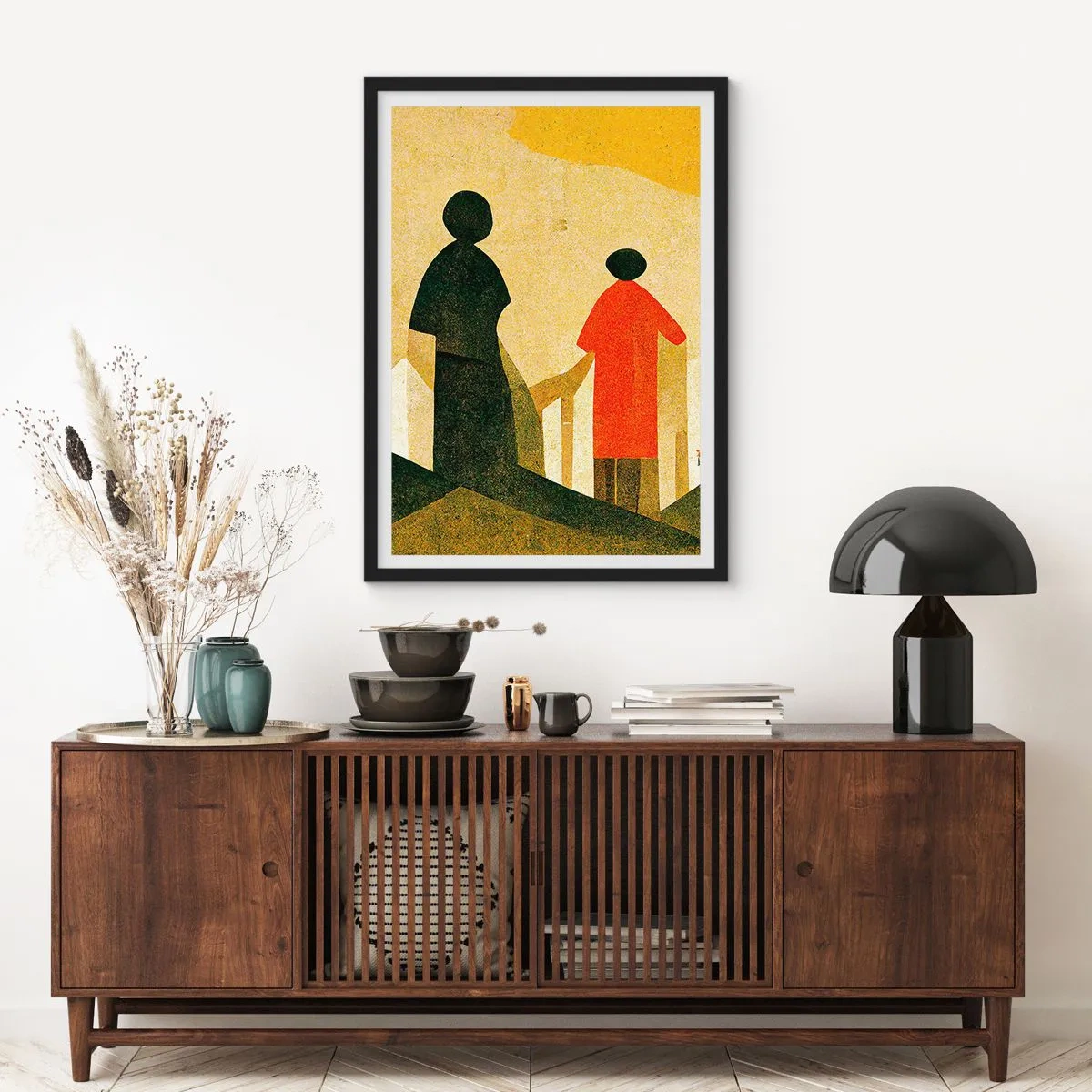 Poster în ramă neagră - Siluete geometrice ale figurilor pe fundalul unui peisaj abstract - 50x70cm - Încă un drum lung de parcurs - Decorațiune modernă pentru perete pentru living și dormitor ARTTOR