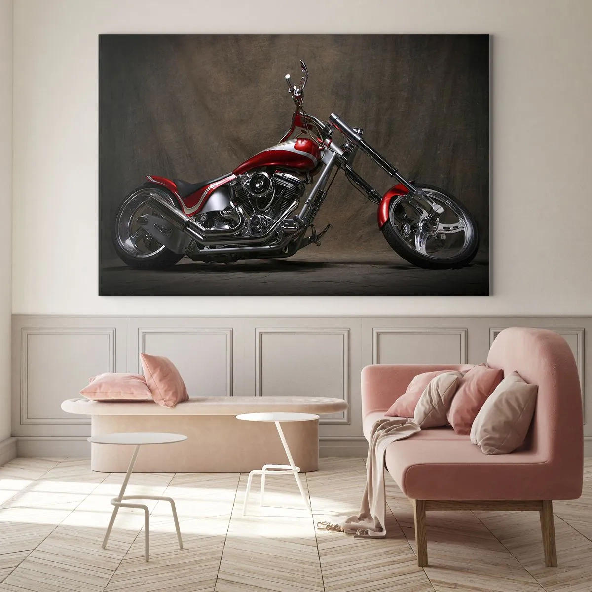 Tablou pe sticlă - Motocicletă personalizată roșie pe un fundal întunecat - 70x50cm - Frumusețea în roșu și argintiu - Decorațiune modernă pentru perete pentru living și dormitor ARTTOR