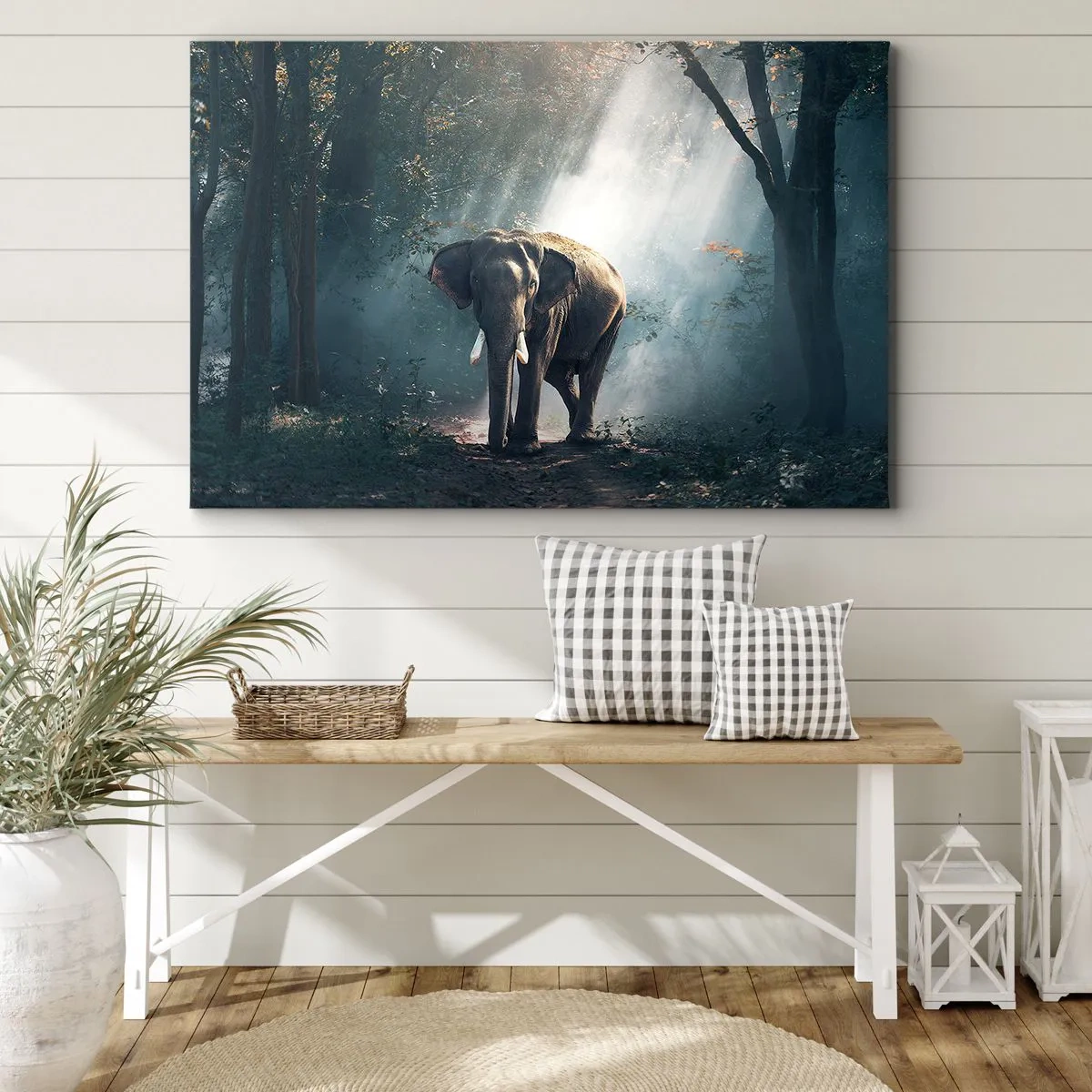 Tablou pe pânză Canvas - Elefant în lumina pădurii - 70x50cm - O plimbare liniștită - Decorațiune modernă pentru perete pentru living și dormitor ARTTOR