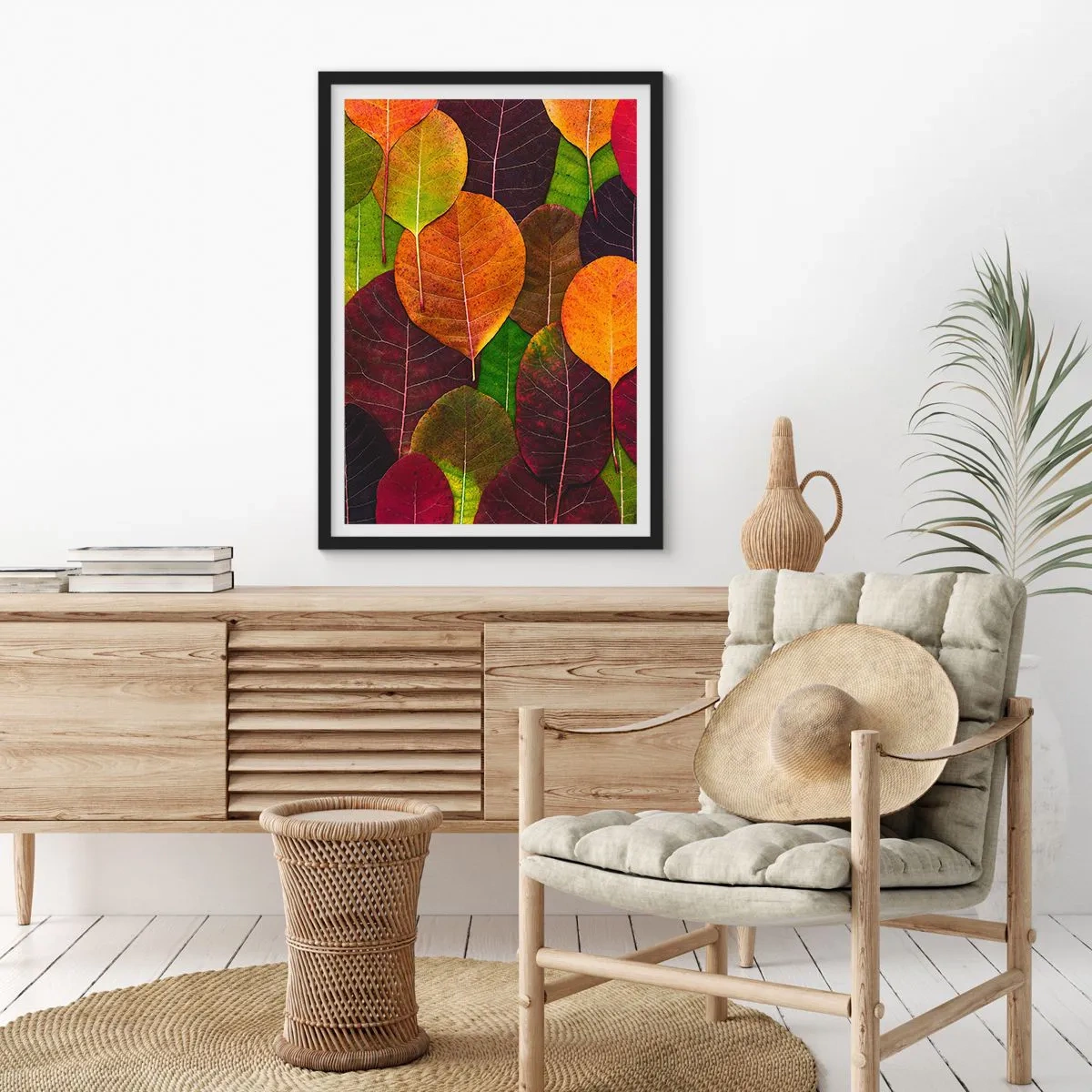 Poster în ramă neagră - Frunze colorate în nuanțe de verde, portocaliu și roșu, aranjate într-un model mozaic - 50x70cm - Mozaic de toamnă - Decorațiune modernă pentru perete pentru living și dormitor ARTTOR