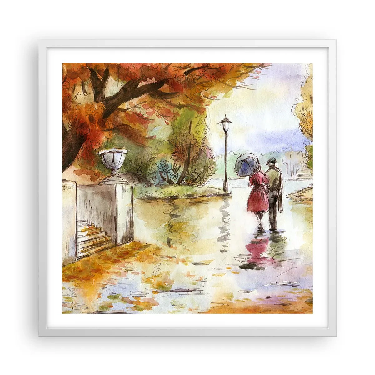 Poster în ramă albă - Toamnă romantică în parc - 60x60 cm